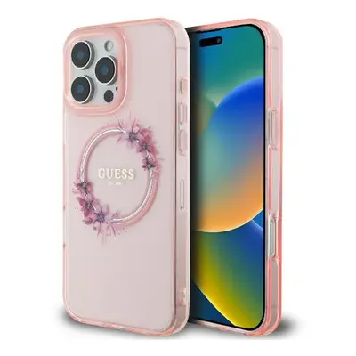 Guess IML Flowers Wreath Case with MagSafe for iPhone Pro 6.3" Pink - GUHMP16LHFWFCP