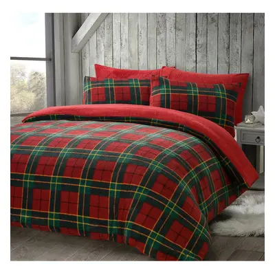 (Red, Super-King) Teddy Fleece Duvet Cover Bedding Tartan Checked