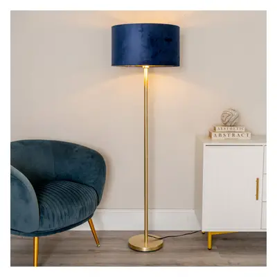 ValueLights Charlie Navy Blue Velvet & Gold Shade Gold Stem Floor Lamp