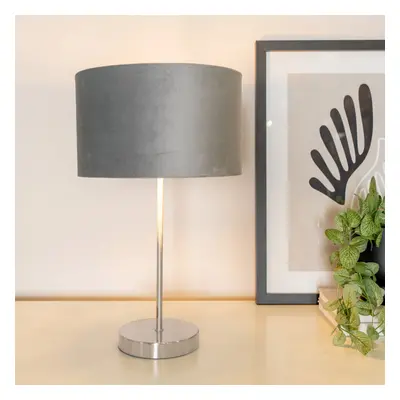 ValueLights Charlie Grey Velvet & Chrome Shade Chrome Table Lamp & Bulb