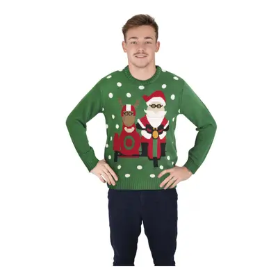 (M / L) Green Christmas sweater with biker Santa