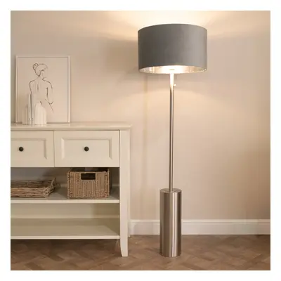 ValueLights Lexy Grey Velvet & Chrome Shade Chrome Dimmable Floor Lamp