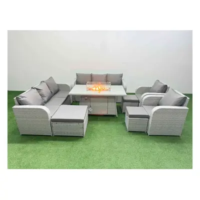 Fimous PE Rattan Set Patio Firepit Dining Table & Chairs Set with Seater Sofa Reclining Chair St