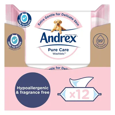 Andrex Pure Care Washlets Flushable Toilet Wipes Extra Gentle for Delicate Skin Fragrance Free H