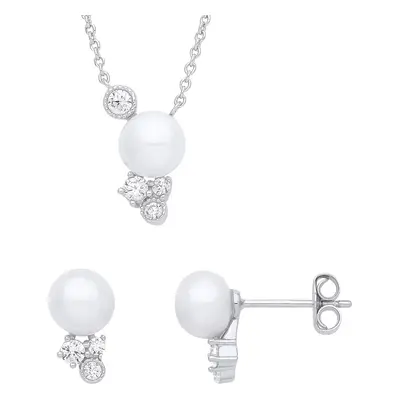 Jewelco London Ladies Rhodium Plated Sterling Silver Pearl CZ Snowman Drum Kit Earrings Necklace