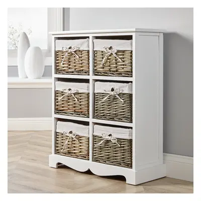 White Wooden Drawer Chest Storage Unit Willow Wicker Baskets Fully Assembled