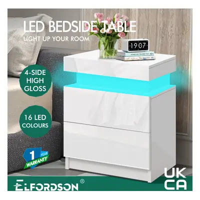 (PERLA - DRAWERS (WHITE)) ELFORDSON Bedside Table RGB LED Nightstand 2/3 Drawers Side High Gloss