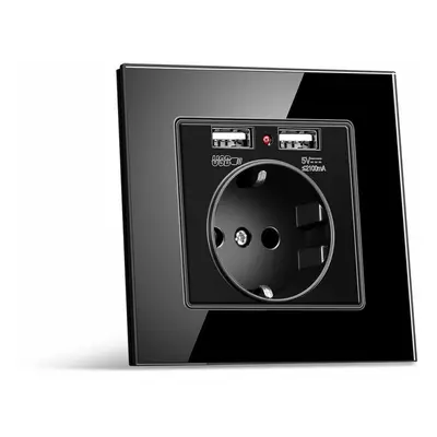 (Black, EU Plug Germany) Socket Switch Dual USB 86*86 PC Glass Panel Eu German France Plug Wall 