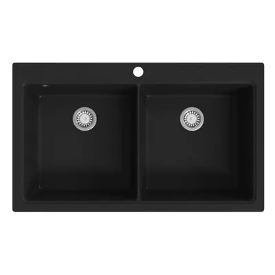 vidaXL Overmount Kitchen Sink Double Basin Granite Black Plumbing Fixture