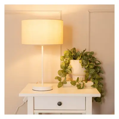 ValueLights Charlie Natural Drum Shade White Stem Table Lamp & Bulb