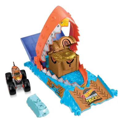 Monster Trucks Arena Smashers Treasure Chomp Challenge Playset with 1:64 Scale Tiger Shark Toy M