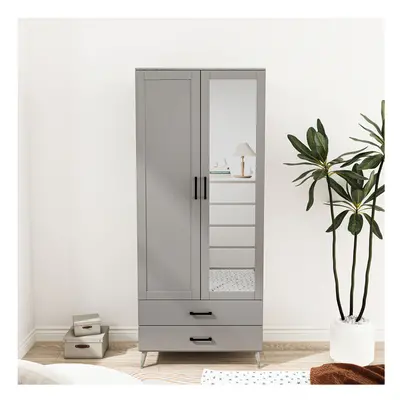 (Ash Grey Grey ) 180cm Mirror Wardrobe Door Drawer Bedroom Clothes Storage Hanging Rail