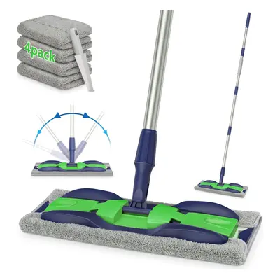 MEXERRIS Microfibre Mop Floor Cleaning Wet 4x Washable Pads Dust Adjustable Handle Wood Flat Mop