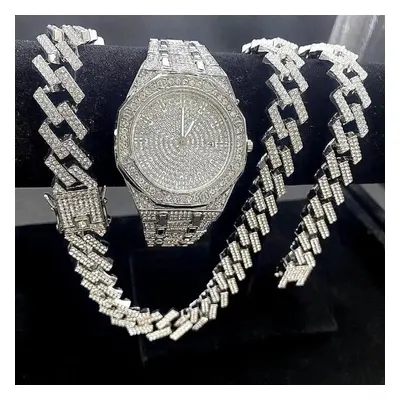 3PCS Iced Out Watches for Men Watch 15mm Cuban Link Chains Bracelet + Necklaces Diamond Hip Hop 