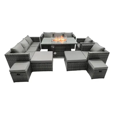 Fimous Rattan Garden Furniture Firepit Dining Set Seater Lounge Sofa Table Set with big Footstoo