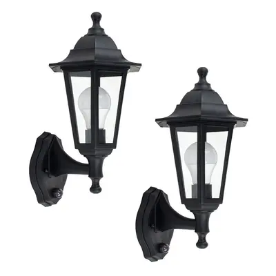 Pair of Traditional Style Black Outdoor Security PIR Motion Sensor IP44 Rated Wall Light Lantern