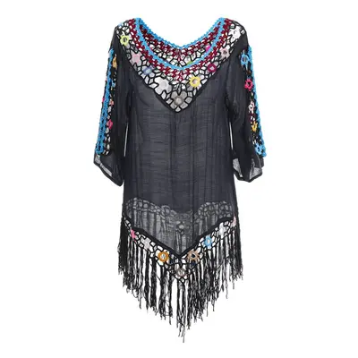 (Black) Tassel 3D Hook Flower Beach Sun Protection Cover-Ups