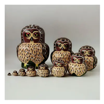 (Owl B) 10Pcs/Set Cute Cartoon Russian Nesting Dolls Wooden Handmade Toy