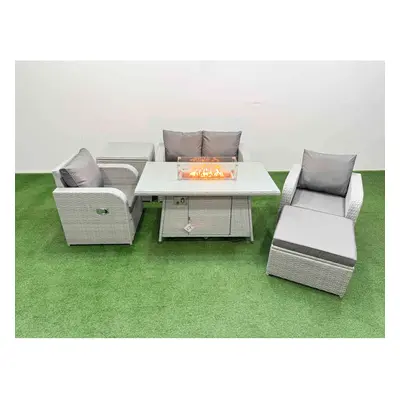 Fimous Light Grey PE Wicker Rattan Garden Furniture Set Sofa Set Reclining Chair Firepit Dining 