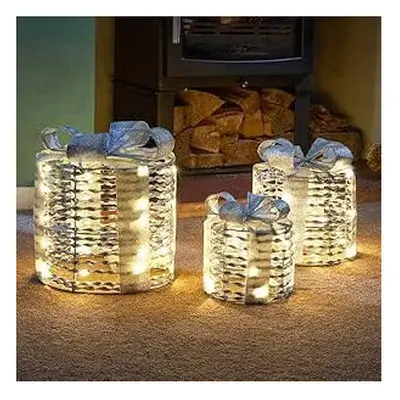 Christmas Gift Boxes Light 3pc LED Festive Decoration Xmas Present Silver DÃ©cor