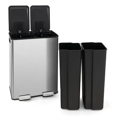 60L Metal Trash Bin x 30L Compartments Inner Buckets & Lids Silver