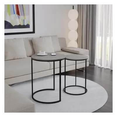 (Concrete Top with Black Legs) Pcs Round Nesting Stackable Sofa Side Bedside End Table Set Wood 