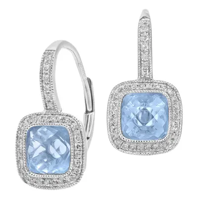 Jewelco London 9ct White Gold Round 20pts Diamond Cushion 3.55ct Blue Topaz Cocktail Drop Earrin