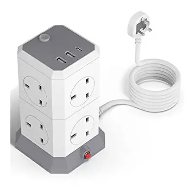 Tower Extension Lead, Way Outlets Surge Protected Extension Tower with USB Ports (3A), 3250W Ext