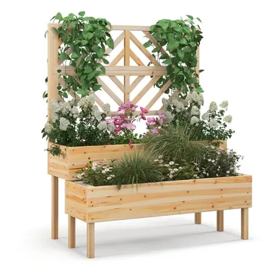 2-Tier Raised Garden Bed withTrellis Wooden Elevated Planter Box