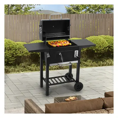 Outdoor Charcoal BBQ Grill with Lid Cover and Smoke Stack, Black