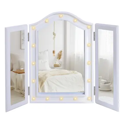 HOMCOM Lighted Tri-Fold Vanity Mirror Large Cosmetic Mirror w/ LED Lights White