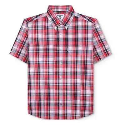 (M, Red/White) Lambretta Mens Multi Check Short Sleeve Button Down Collar Shirt - Red/White