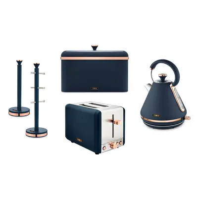 Tower Cavaletto Blue & Rose Gold Pyramid Kettle Toaster Bread Bin Mug Tree & Towel Pole Set