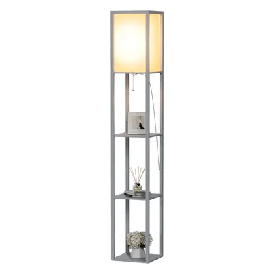 (Grey) 3-Tier LED Floor Lamp Wooden Shelf with Storage