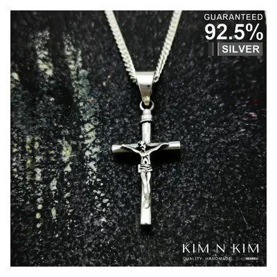 (28 Inch Curb Chain) Sterling Silver Cross Pendant Thick Crucifix Jesus Necklace /Free engraving