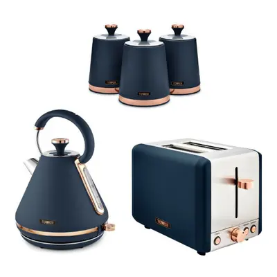 TOWER Cavaletto Kettle 2-Slice Toaster & Canisters Midnight Blue/Rose Gold