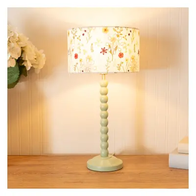 ValueLights Bobbins Floral Embroidery Shade Green Table Lamp & Bulb