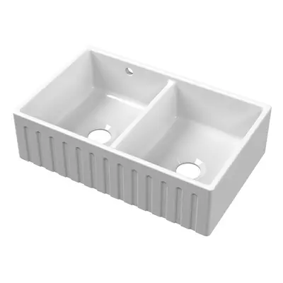 795mm - Fireclay Kitchen Double Bowl Fluted Front Butler Sink - Stepped Weir