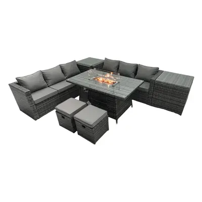 Fimous Rattan Garden Furniture Firepit Dining Set Seater Lounge Sofa Table Set with Small Footst