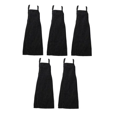 (Black, Pack of 5) Woven Stripe Butchers Bib Apron Bleach Resistant Chefs Bakers Kitchen