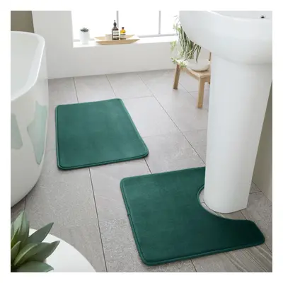 (Forest Green) Catherine Lansfield Anti-Bacterial Memory Foam Bath Mat & Pedestal Mat Set