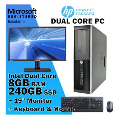 HP Desktop PC Computer 19" Monitor Bundle with Windows Dual Core 8GB 240GB