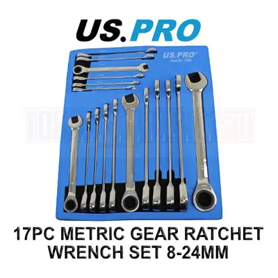 US PRO Tools 17pc 8mm-24mm Metric Gear Ratchet Wrench Spanner Set Eva Foam Tray