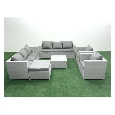 Fimous Outdoor Rattan Sofa Garden Furniture Set with Armchairs Square Coffee Table Big Footstool