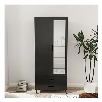 (Black) 180cm Mirror Wardrobe Door Drawer Bedroom Clothes Storage Hanging Rail