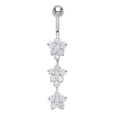 Jewelco London Sterling Silver Cubic Zirconia Triple Flower Cluster with Stainless Steel Belly B