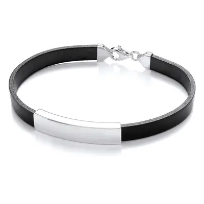 Jewelco London Mens Black Leather Stainless Steel Flat ID Bar Strap Bracelet 8mm inch - BRC195BL