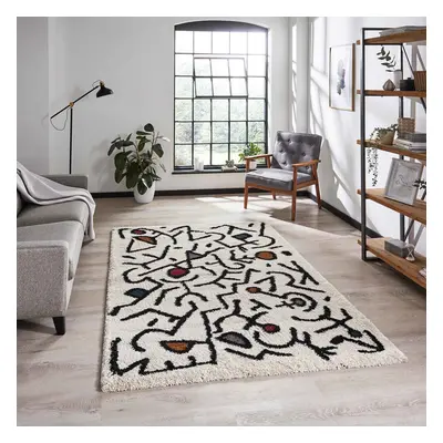 (A637 Cream/ Black/Multi, x cm) Berber Nordic Scandi Tribal Shaggy Rugs Abstract Small Large 4cm