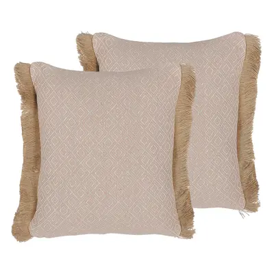 Set of Fringed Cushions Geometric Pattern x cm Beige LONAR