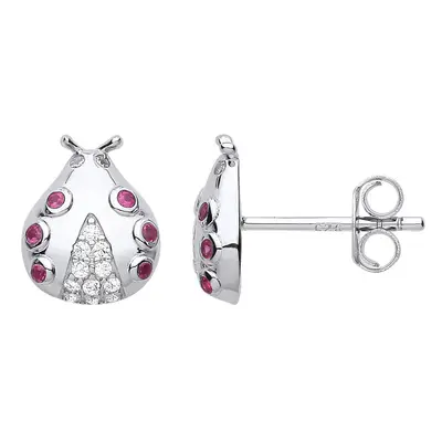 Jewelco London Ladies Rhodium Plated Sterling Silver Red CZ Domed Ladybird Bug Stud Earrings - E